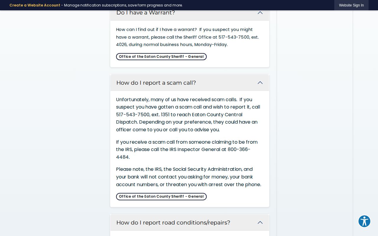 Eaton County official warrant-check FAQ page