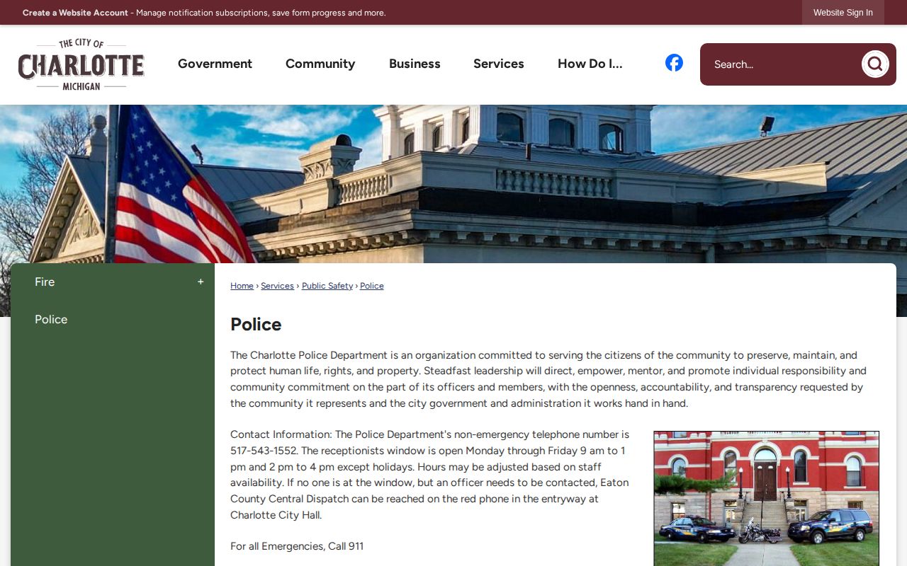 Charlotte Police Department official webpage used for local records and non-emergency contact information